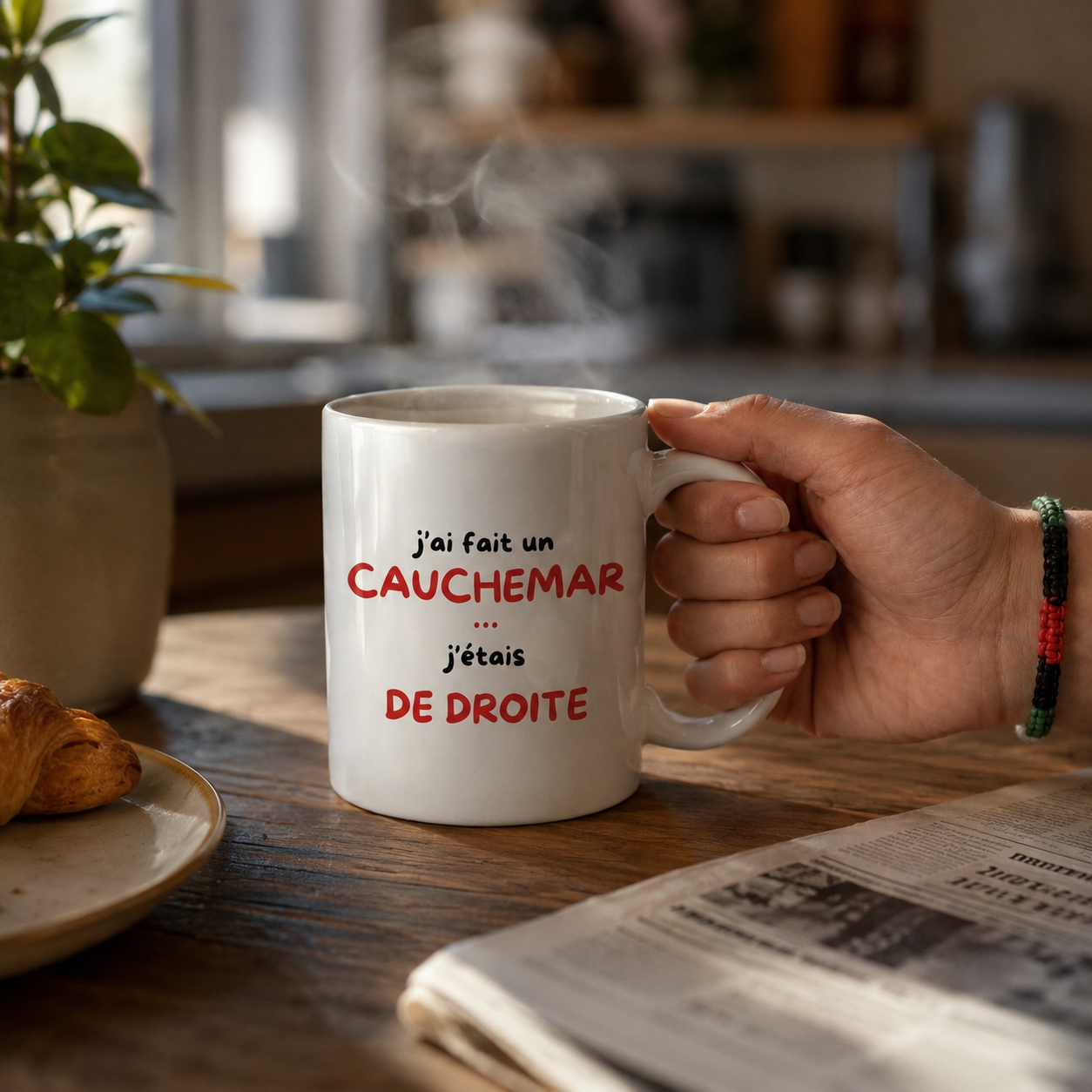 Tasse Antifa Wear tenue en main, café du matin